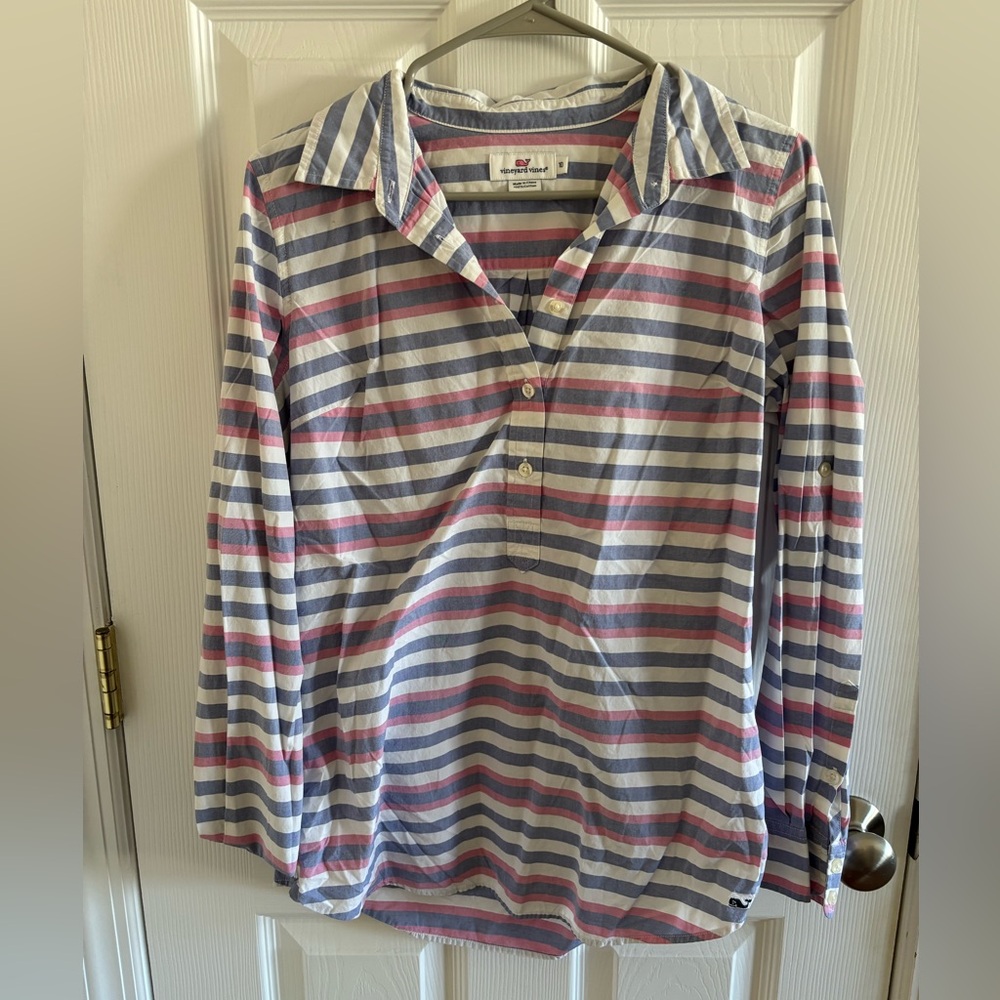 Blue, white, and red striped 1/4 button down shirt from vineyard vines